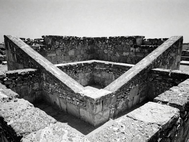 Stark documentary photography of a geometric stone structure built amidst ancient ruins, high-contrast monochrome, sharp midday shadows, 35mm film grain