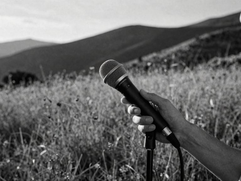 Stark documentary photography close-up of hands holding a professional field microphone near dry mountain grass, soft atmospheric dusk light, 35mm film grain