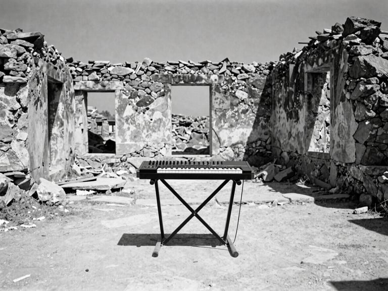Stark documentary photography of a modern synthesizer setup placed inside a decaying stone ruin, wide-angle cinematic lens, harsh Mediterranean light, 35mm film grain