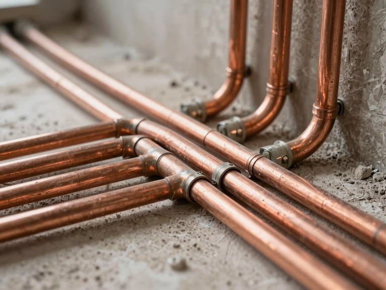 Macro shot of organized copper piping layout and neat electrical conduits inside a Riyadh villa under construction, bright natural light.
