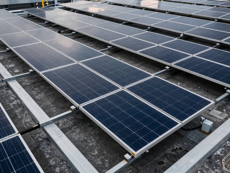Crisp high-contrast daylight shot of a massive commercial rooftop solar panel array, industrial-strength framing, sharp focus