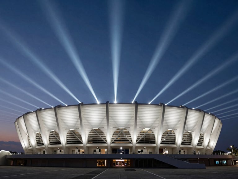 Dramatic twilight architectural photography of a sports arena illuminated by high-performance sports lighting, precise light beams, high-contrast