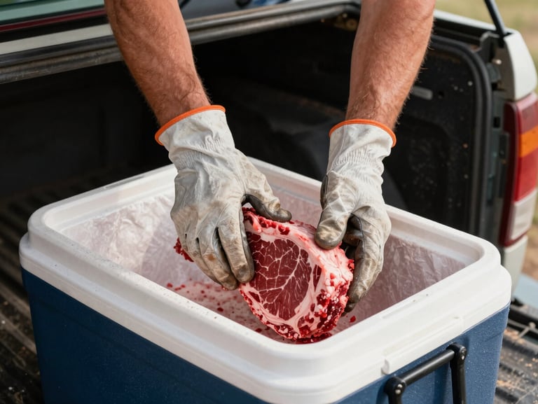 Close-up of a ranch worker's gloved hands setting a cut of beef into a paper-lined cooler on a tailgate, natural daylight, weathered truck bed visible, no staging or styling