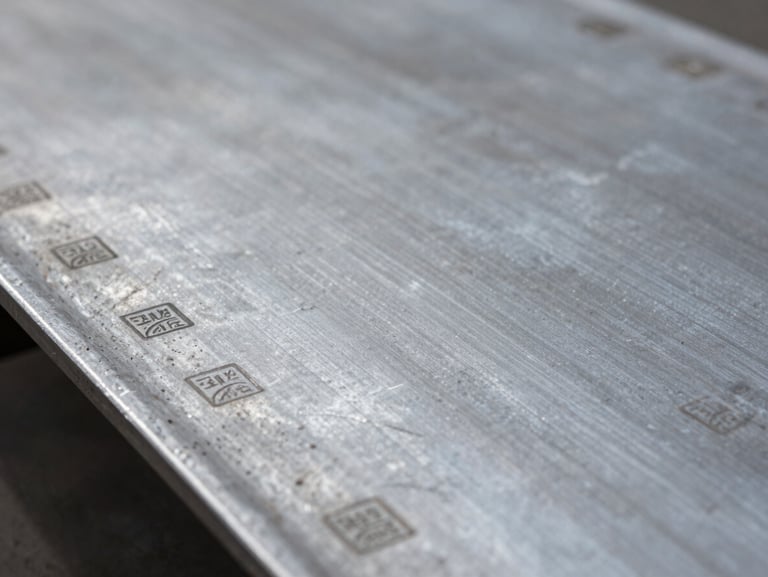 Close-up of industrial heavy-gauge carbon steel plate, raw metal texture with mill stamps and certification markings, sharp lighting