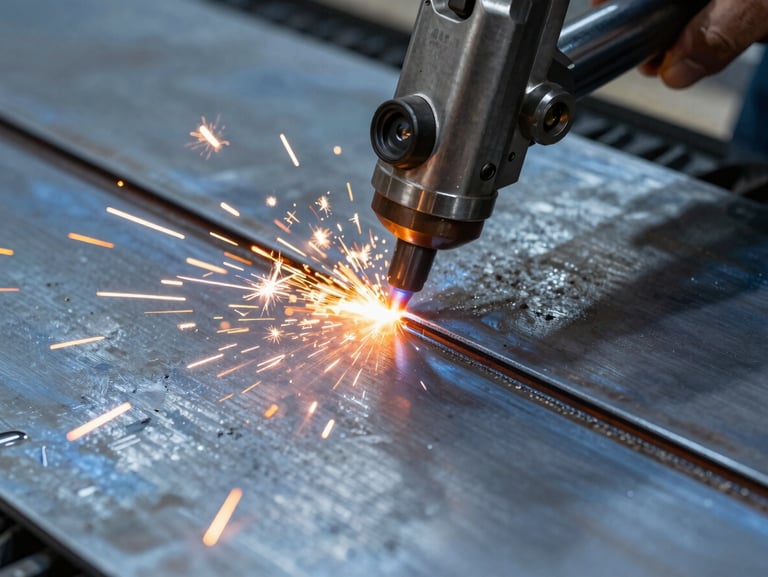 High-contrast industrial close-up of sparks flying from a custom CNC plasma cutting torch slicing through a thick carbon steel plate, warm orange glow contrasting with cold blue-gray metal tones, sharp focus on the weld seam.