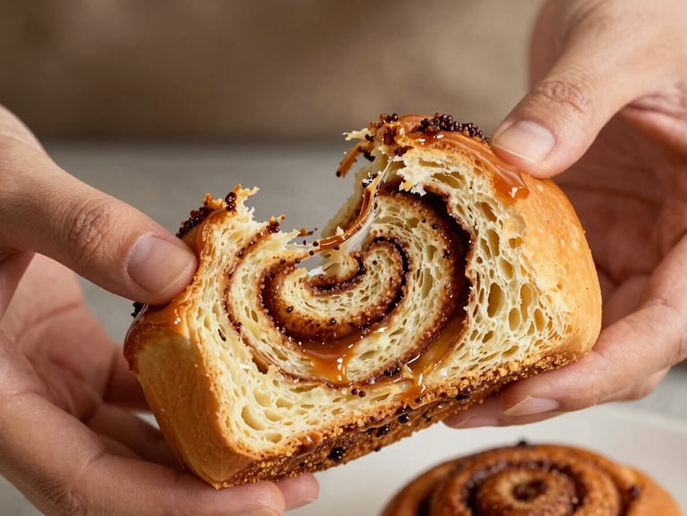 A warm artisanal cinnamon roll being pulled apart by hand, revealing the soft, pillowy layers and rich brown-sugar glaze spiral inside.