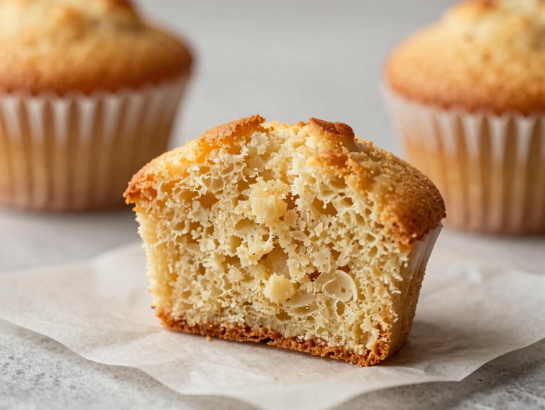 Close-up of a cupcake cut in half on parchment paper, revealing a moist, golden crumb structure, soft natural light.