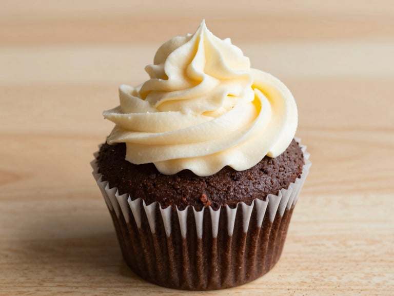 A single gourmet chocolate cupcake with a high swirl of whipped-to-order vanilla buttercream frosting, delicate crumbs visible on a light wood surface.