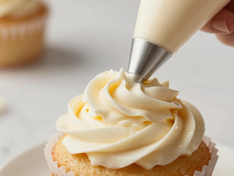 Macro shot of a frosting piping bag swirling rich, creamy buttercream onto a cupcake base, soft morning light.