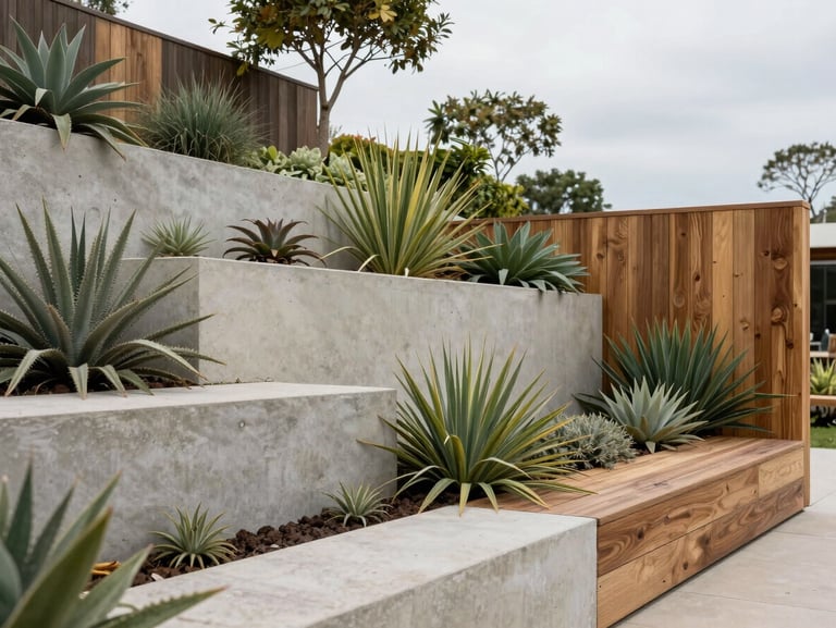 A bold contemporary garden featuring raw off-form concrete retaining walls, custom timber detailing, and architectural native plantings under soft overcast light