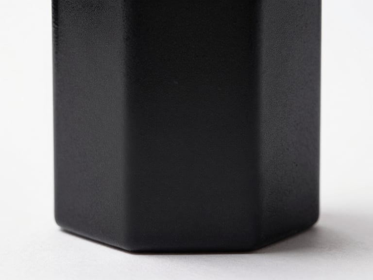Macro extreme close-up of a luxury perfume bottle mockup, textured matte black glass, sharp studio lighting with deep shadows on a clean white surface.