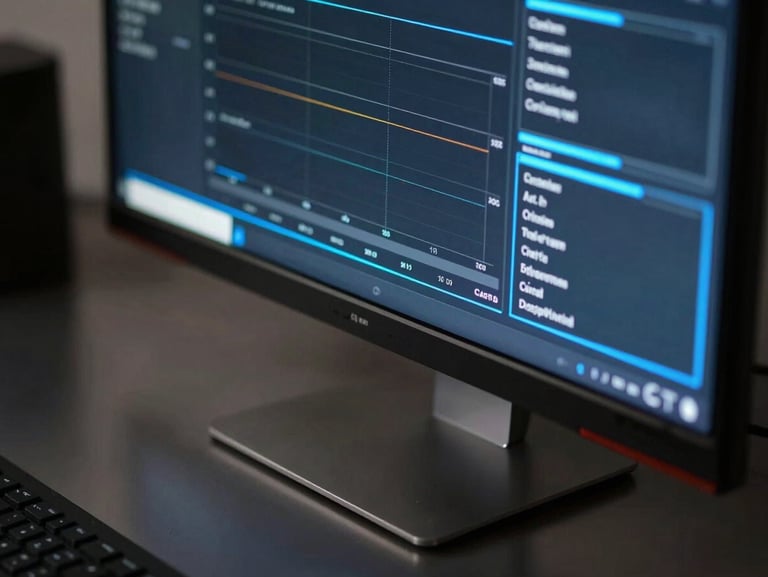 High-contrast close-up of a digital interface showing performance metrics on a high-end monitor, crisp typography, electric blue accent lines reflecting on a dark metallic desk.