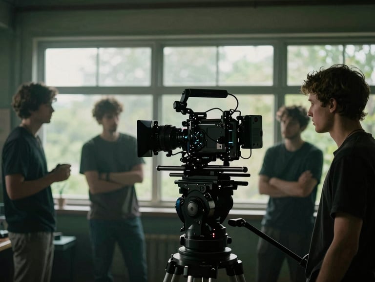 A wide environmental shot of an active indie film set, camera rigged on a heavy gimbal, soft moody window light, actors in the background.