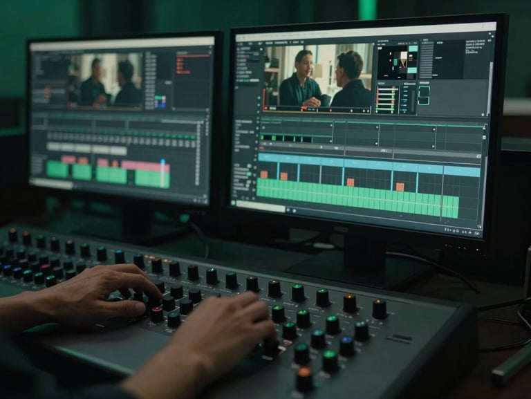 A high-end color grading suite with a large monitor displaying a commercial scene, hands adjusting physical dials on a control surface, moody low-key green undertones.