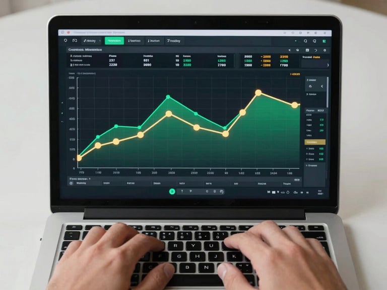 Close overhead shot of a laptop screen displaying a data-matching dashboard with emerald and gold node graphs, a professional's hands resting at the keyboard, clean studio lighting, sharp focus on the data visualization