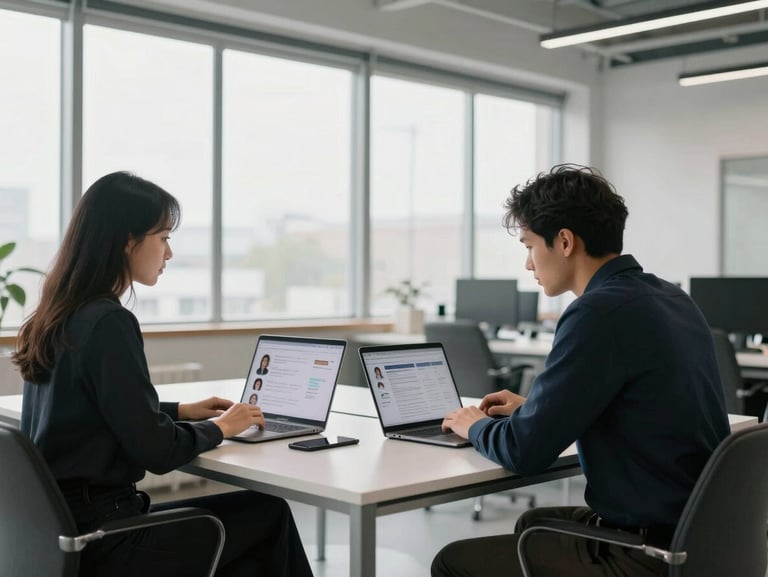 Wide shot of two professionals seated at a minimal white desk reviewing candidate profiles on matching laptops, bright north-facing window light, modern open office, no eye contact with camera