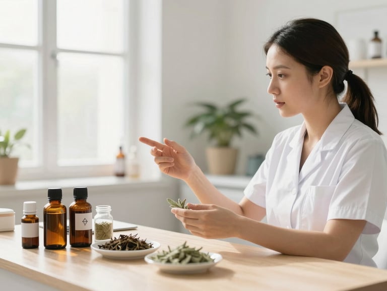 A professional practitioner in a clean clinic room explaining herbal remedies, bright natural daylight, warm sage accents, play overlay icon, 35mm lens.