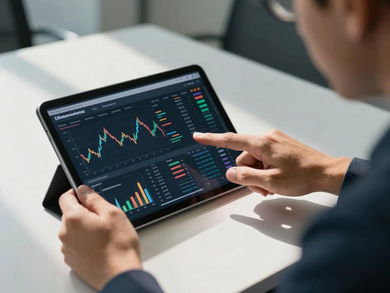 A close-up of a financial analyst's hands pointing at a financial dashboard on a tablet during a strategy session, modern São Paulo office, daylight precision, sharp shadows.