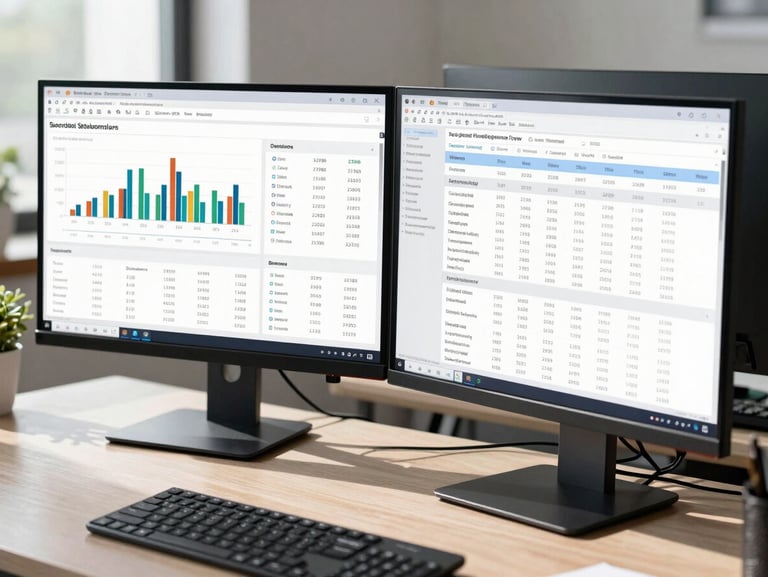 Cool daylight office setting with a dual-screen monitor displaying clean financial dashboards and structured data tables, sharp shadows, daylight precision