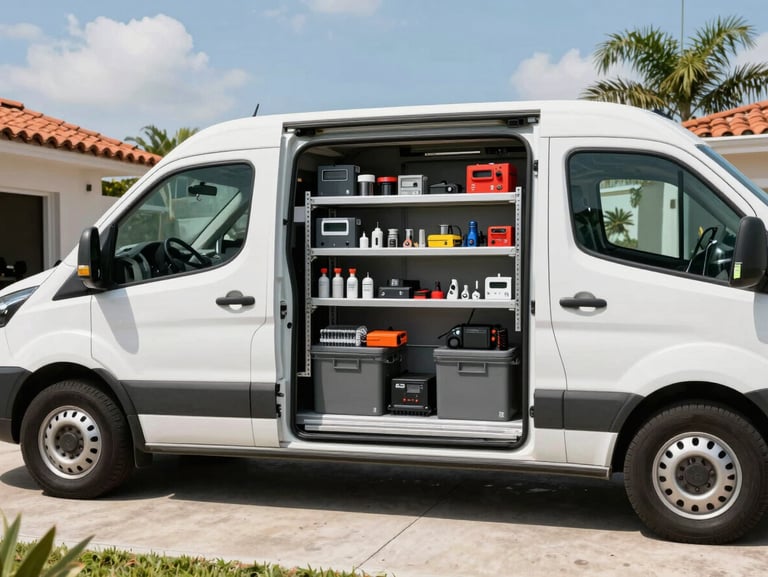 A clean service van parked in a sunny South Florida driveway, side door open showing neatly organized shelves of replacement parts and diagnostic tools