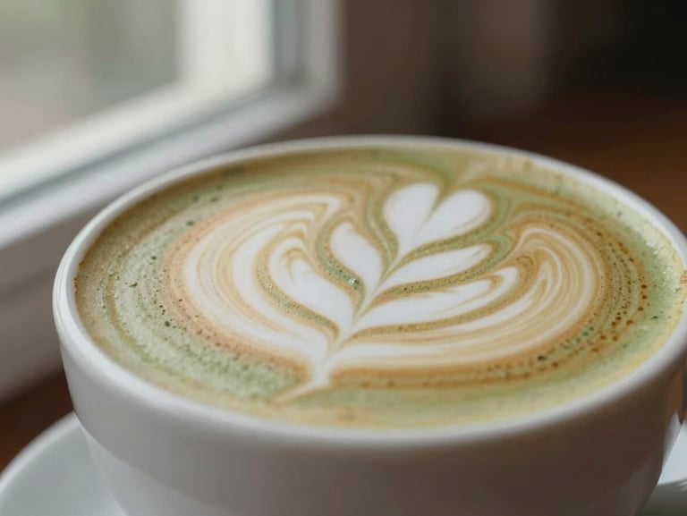 Close-up of a freshly poured warm latte with rich crema, beautiful latte art, soft morning window light, shallow depth of field, 35mm