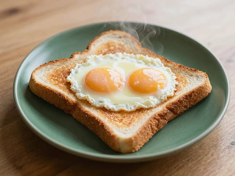 Overhead shot of a comforting breakfast plate with toasted bread and soft eggs, warm steam rising, natural wood background, soft lighting