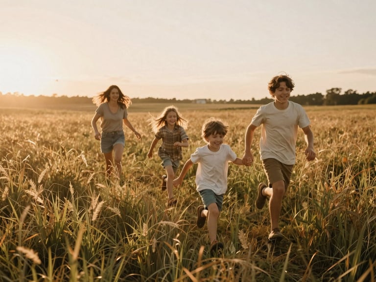 A family running through a sun-drenched field of tall grass, children laughing, golden hour backlighting