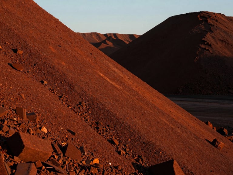 Close-up of processed iron ore stockpiles at golden hour, deep rust-orange texture of high-grade ore, dramatic low-sun angle, high contrast, industrial documentary style, 35mm.