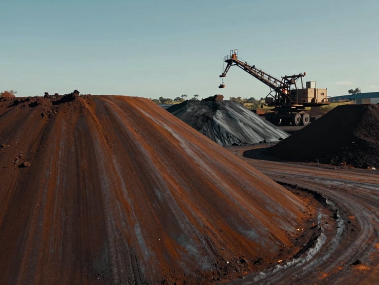 Industrial documentary photography, dramatic low-sun daylight, deep rust and slate tones, wide-angle cinematic lens, massive iron ore stockpile in Minas Gerais, heavy machinery in background.
