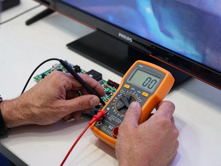Close-up of a professional technician's clean hands using a precise digital multimeter to test the power board of a large Philips LED TV, bright technical lighting