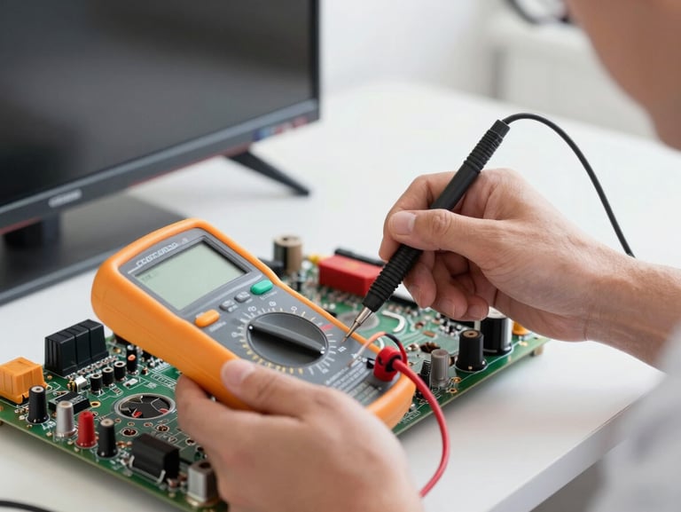 Close-up of clean hands of a technician using a precise digital multimeter tool on the internal board of a modern TV, bright natural lighting, professional environment