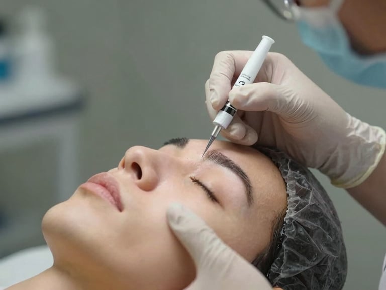 Close-up of precise hands-on clinical instruction, a professor with sterile gloved hands demonstrating a facial injection technique on a model, soft directional clinic lighting, shallow depth of field.
