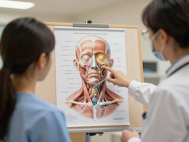 A clinical instructor pointing at an anatomical facial map, explaining muscle layers to a student, warm soft lighting, professional setting.