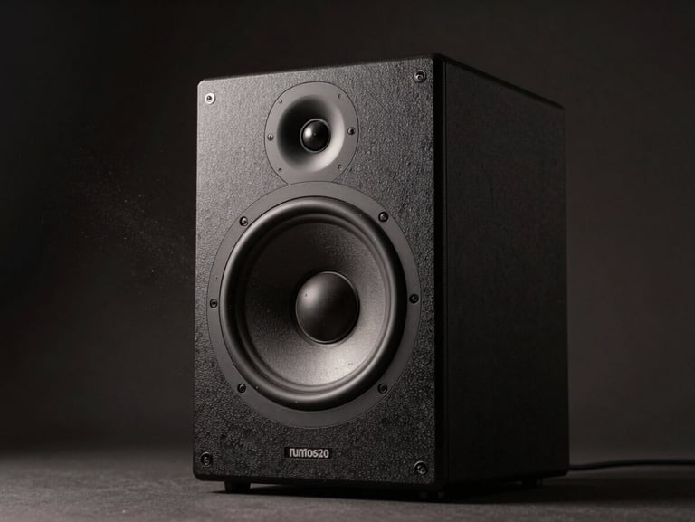 Macro studio render of a high-end audio speaker, dramatic side chiaroscuro lighting, floating dust motes.
