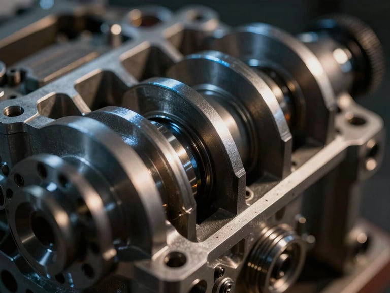 Macro close-up of a complex mechanical engine part, dramatic chiaroscuro lighting, subtle blue rim light highlighting the precise CAD-engineered metallic edges.