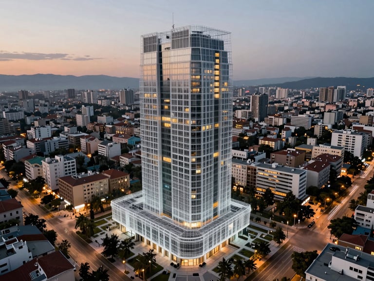 Before and after comparison of CGI integration, a wireframe mesh of a luxury building blending into a real twilight drone photo of Sofia.