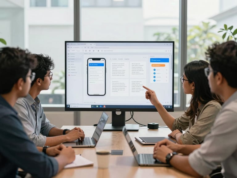 A collaborative meeting in a bright Pune office, developers discussing a mobile app wireframe on a large monitor, natural daylight, professional and focused atmosphere.