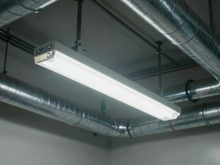 Clean utility-room fluorescent lighting reflecting off pristine overhead commercial ductwork and stainless steel piping runs.