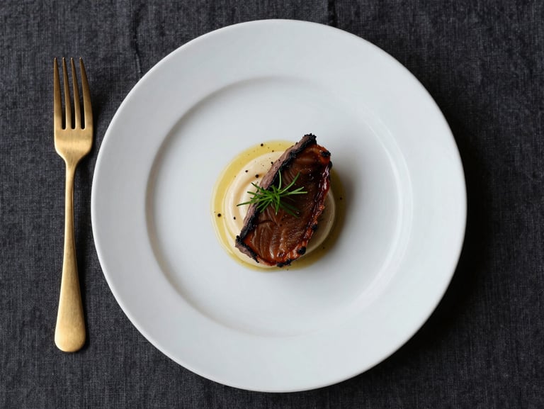 Overhead flat-lay of a single intimate dinner plate — a fine-dining main course composed with precision on a wide-rim white plate, dark linen beneath, one gold fork beside the plate, extreme close-up, surgical studio lighting with no shadow fill