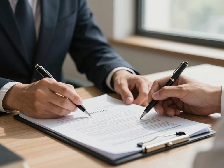 Close-medium shot of an agent's hands reviewing a printed insurance document on a desk, natural side-lit daylight from a nearby window, a clipboard and pen visible, warm neutral office interior out of focus in background