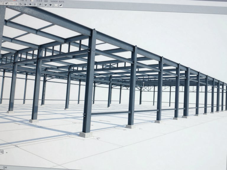 Extreme close-up of a high-contrast CAD software screen displaying detailed structural blueprints of a commercial steel frame, bright clean technical studio lighting, cool blue and slate tones.