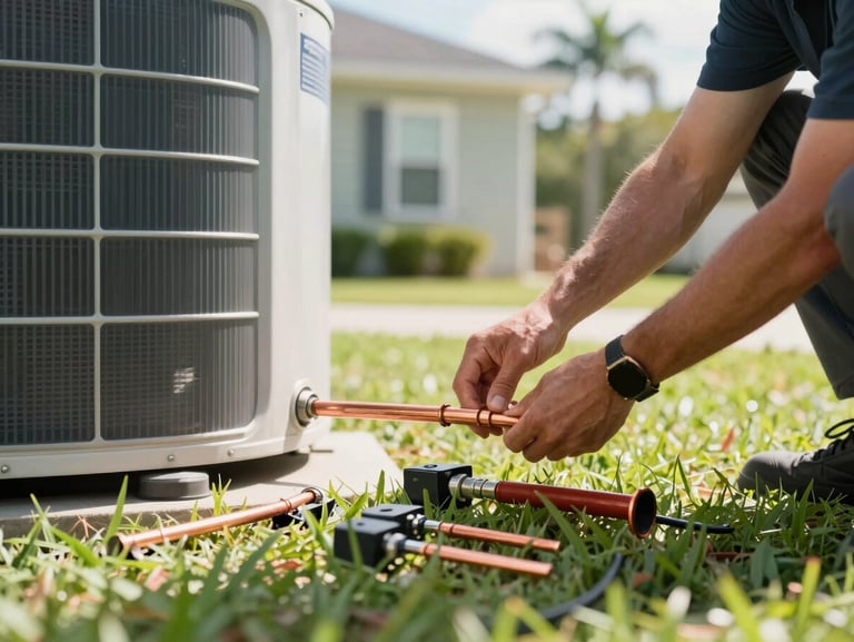 Bright, high-key natural Florida daylight highlighting a professional technician's hands adjusting copper piping on an outdoor AC condenser, clean tools laid out on green grass, Cape Coral home exterior softly blurred in the background.
