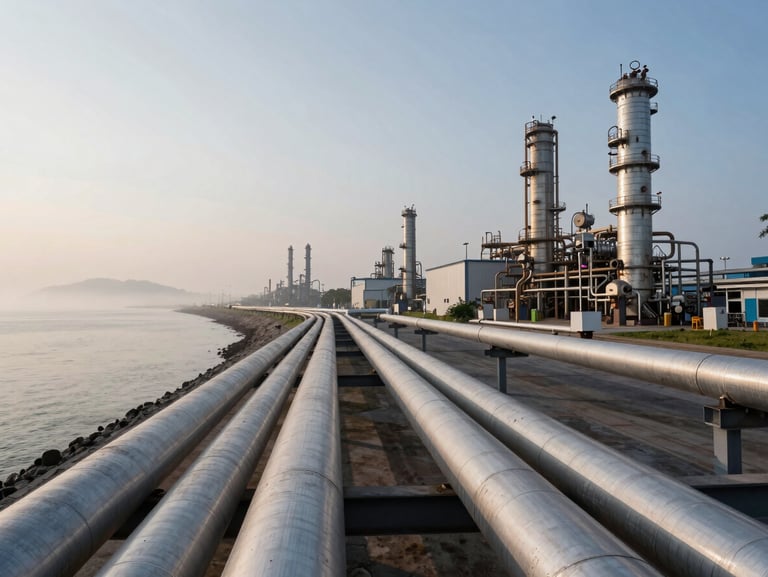 Wide environmental shot of the Pahang coastal industrial corridor, sharp industrial pipeline infrastructure in the foreground, misty dawn light.