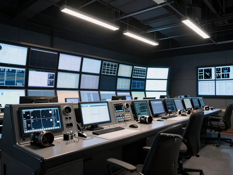 Interior of a mobile broadcast control room, glowing monitors, technical gear, high-contrast directional lighting, crisp industrial details
