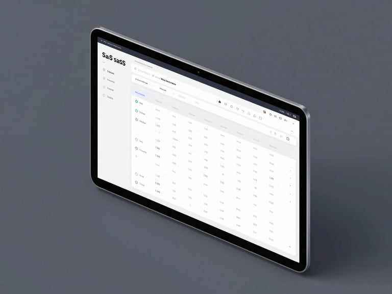 Isometric view of a desktop browser mockup showcasing a SaaS analytics dashboard with structured data tables, crisp typography, and subtle system borders.