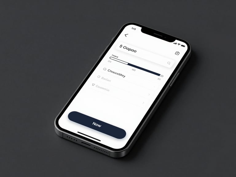 High-fidelity mobile mockup of a checkout screen with a clear progress bar, optimized form fields, and a prominent dark action button, studio lighting.