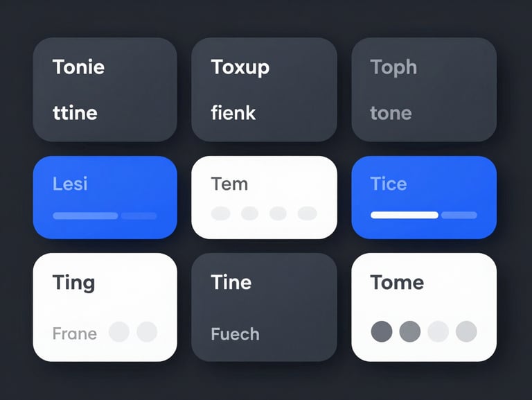 A neat grid of UI components, buttons, and input fields showing design system tokens and spacing guides in a high-contrast slate and blue color scheme.