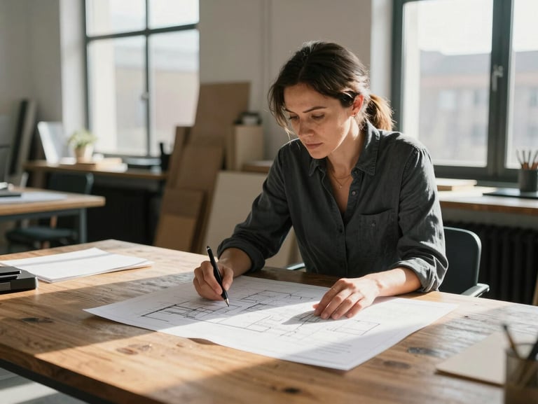 A medium-close environmental portrait of a focused professional in her late 40s reviewing architectural plans at a large wooden table in a sunlit loft studio, sharp directional afternoon shadows.