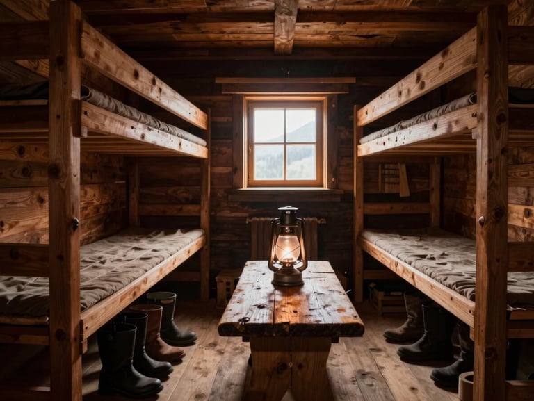 Interior of a Balkan mountain hut, wooden bunks stacked two high, a single gas lamp on a rough-hewn table, overcast light through a small square window, boots lined on the floor, no people visible