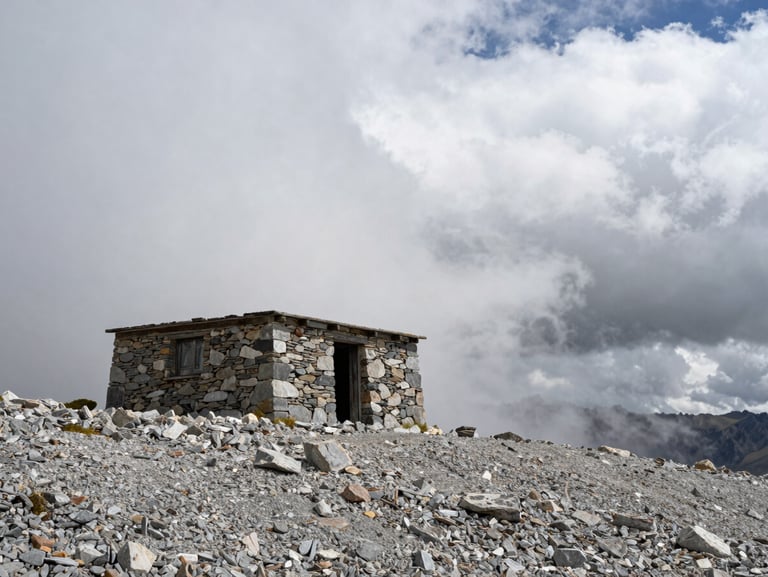 Exterior of a low stone refuge shelter on a bare alpine ridge, grey scree foreground, heavy cloud cover rolling in from the right, no figures, raw and exposed atmosphere, documentary framing